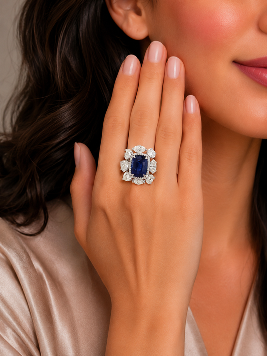 4.34 ct Cushion Sapphire with White, Marquise and Oval Diamond Ring in 18K Gold