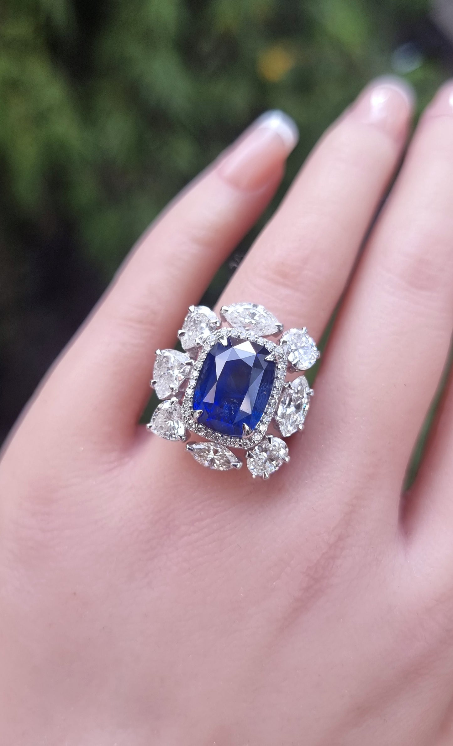 4.34 ct Cushion Sapphire with White, Marquise and Oval Diamond Ring in 18K Gold