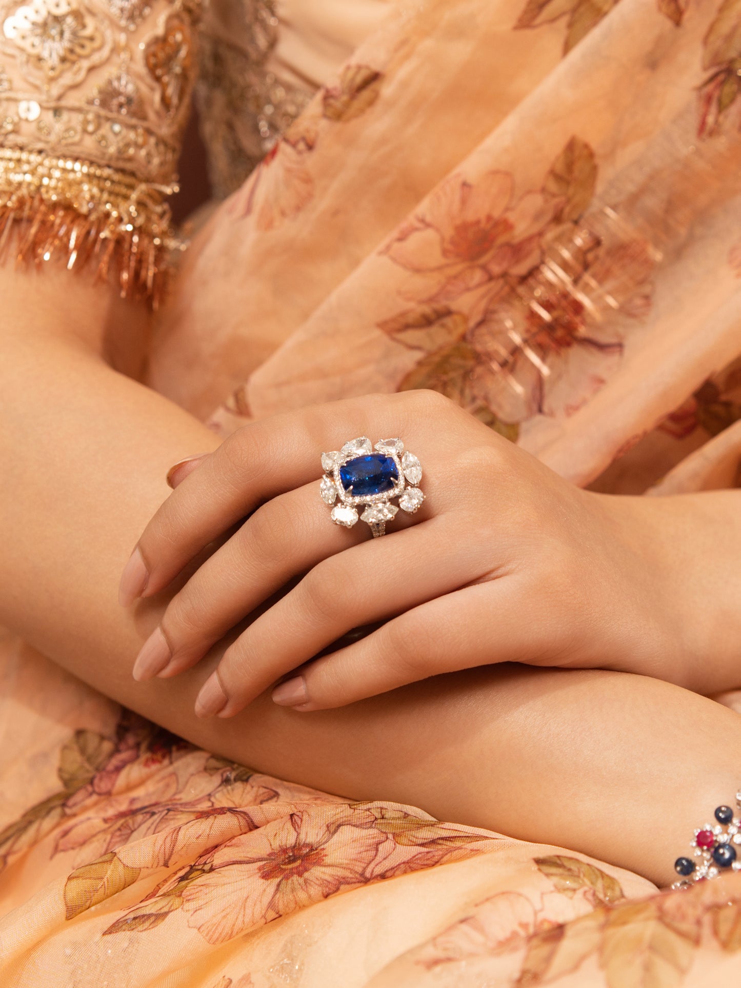 4.34 ct Cushion Sapphire with White, Marquise and Oval Diamond Ring in 18K Gold
