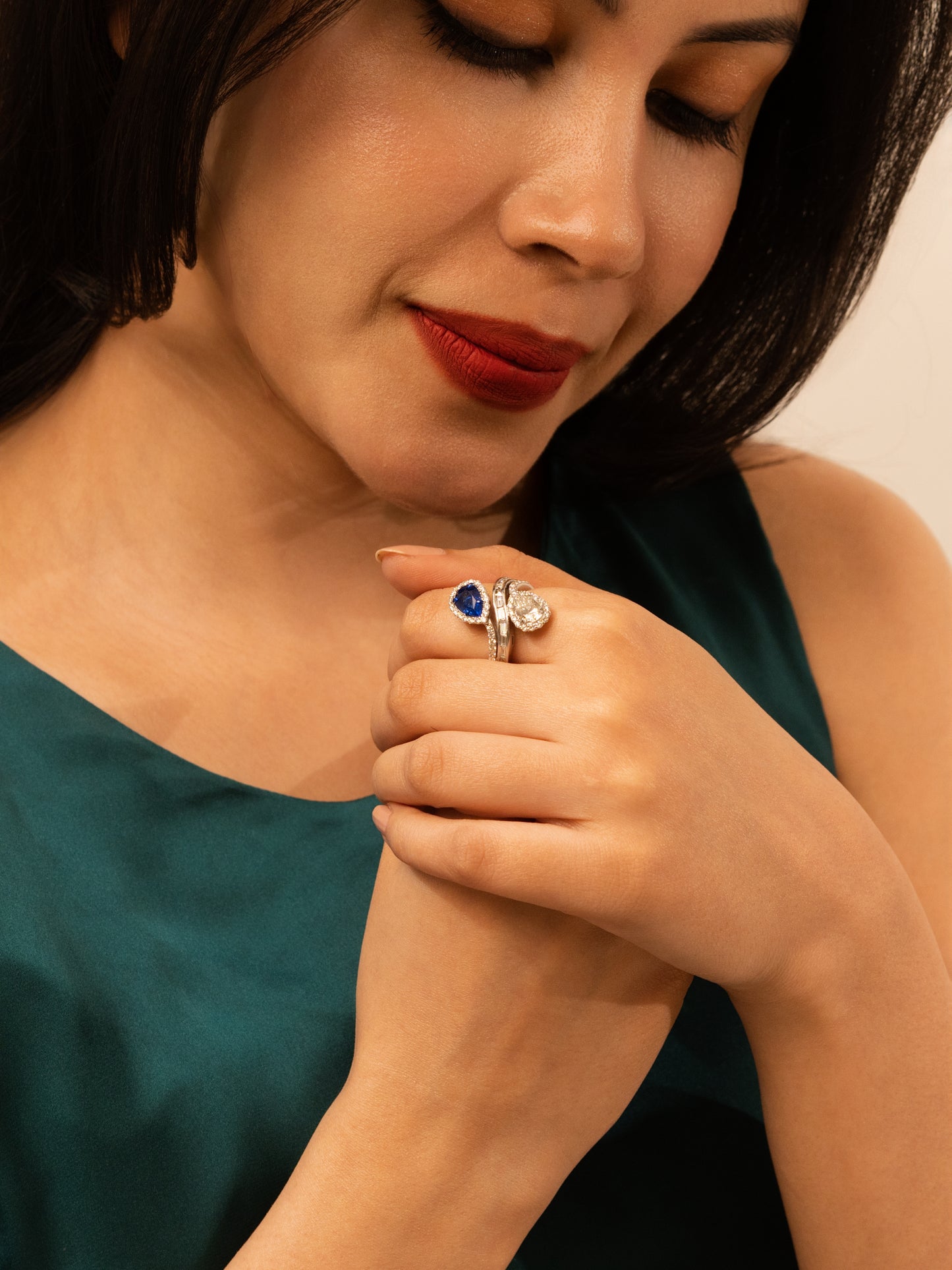 2.23 ct Pear Sapphire with White and Baguette Diamond Ring in 18K Gold