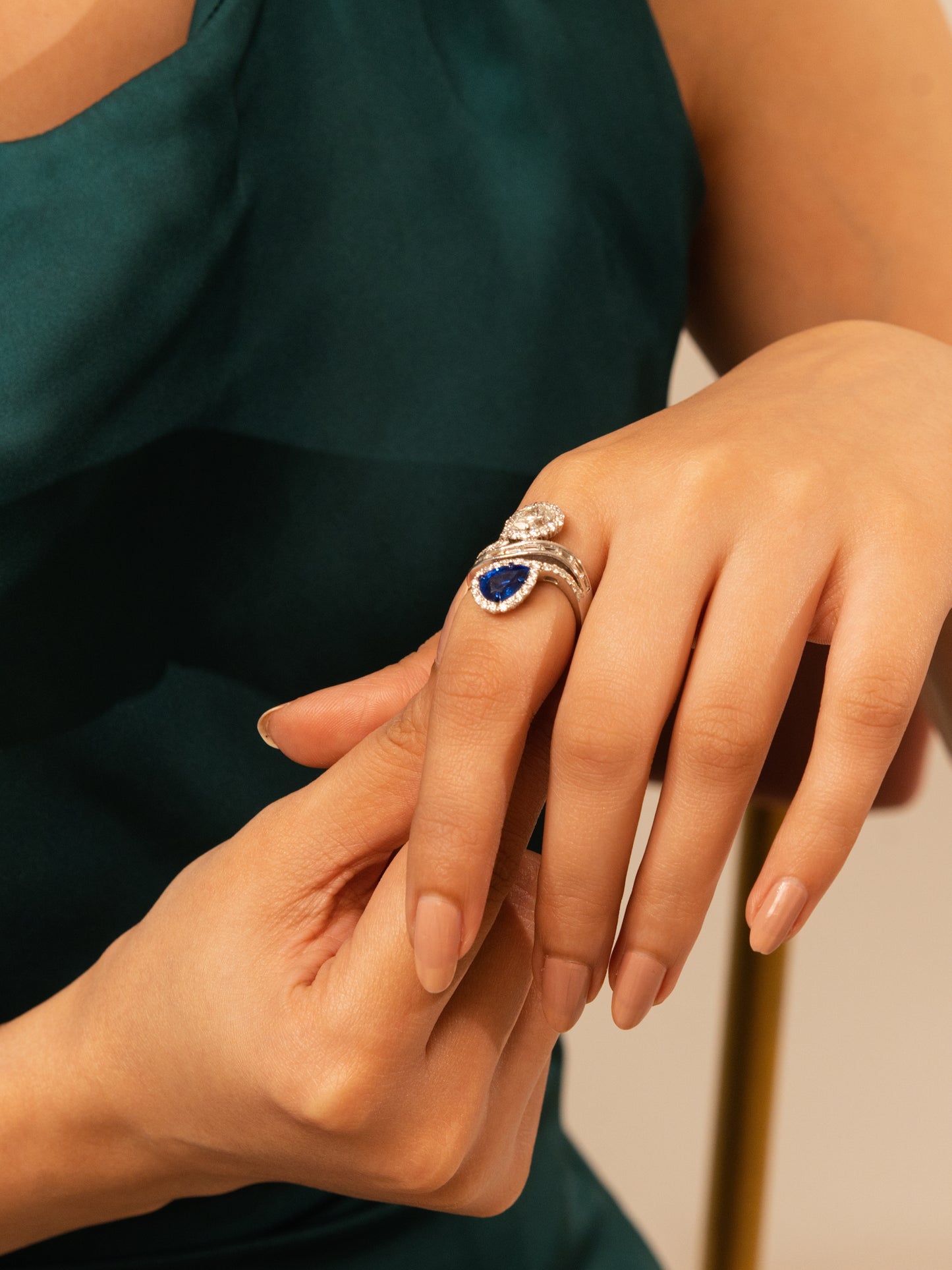 2.23 ct Pear Sapphire with White and Baguette Diamond Ring in 18K Gold