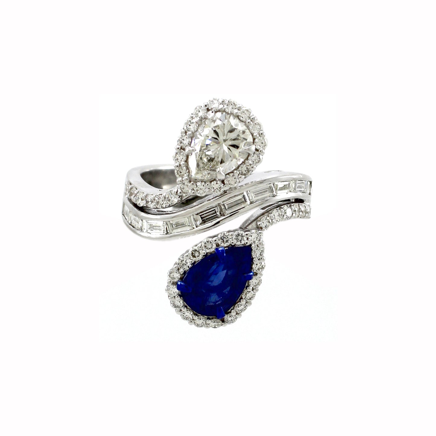 2.23 ct Pear Sapphire with White and Baguette Diamond Ring in 18K Gold