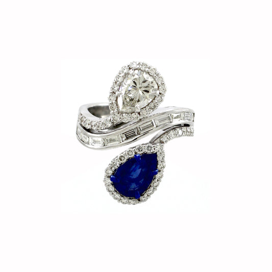 2.23 ct Pear Sapphire with White and Baguette Diamond Ring in 18K Gold