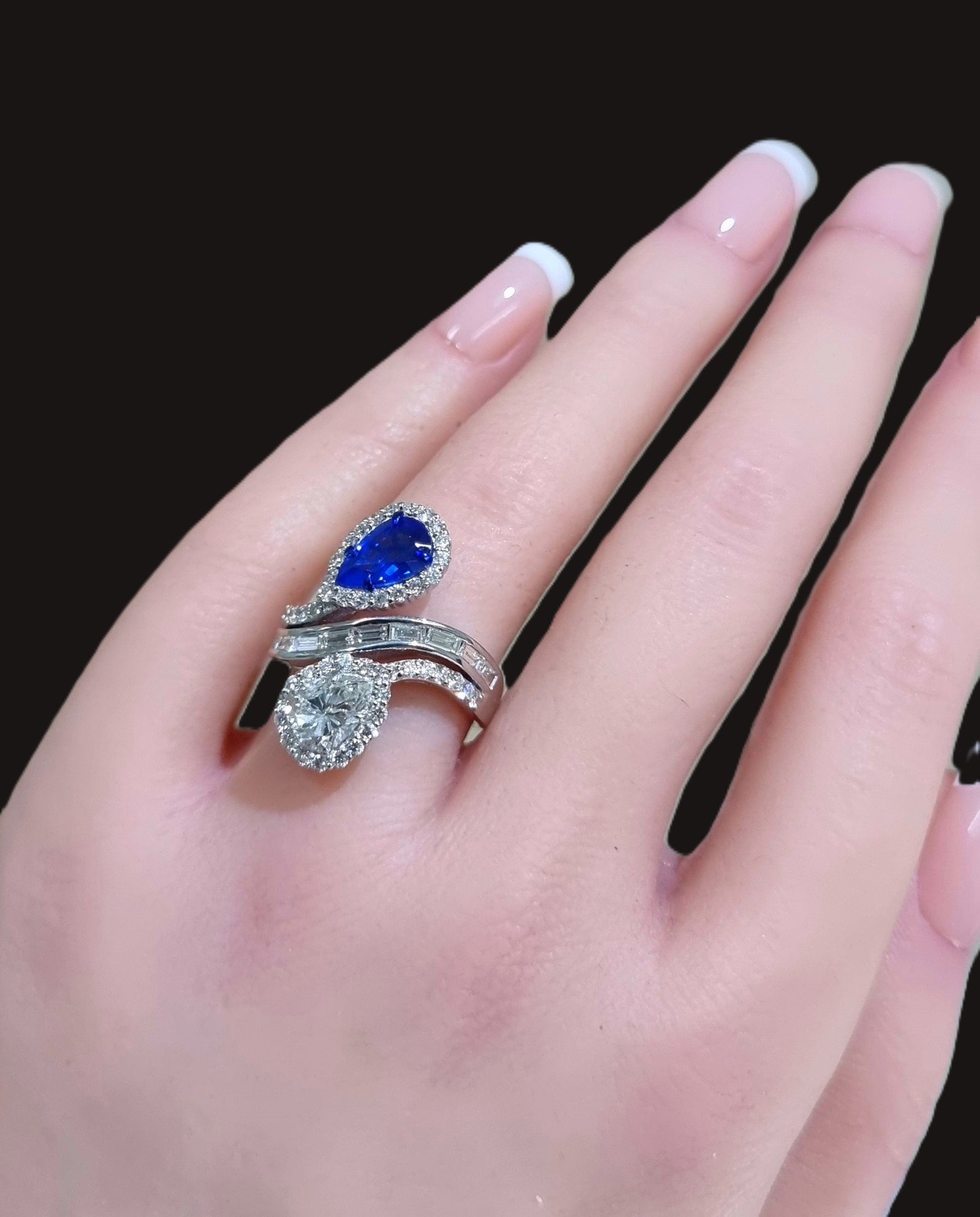 2.23 ct Pear Sapphire with White and Baguette Diamond Ring in 18K Gold