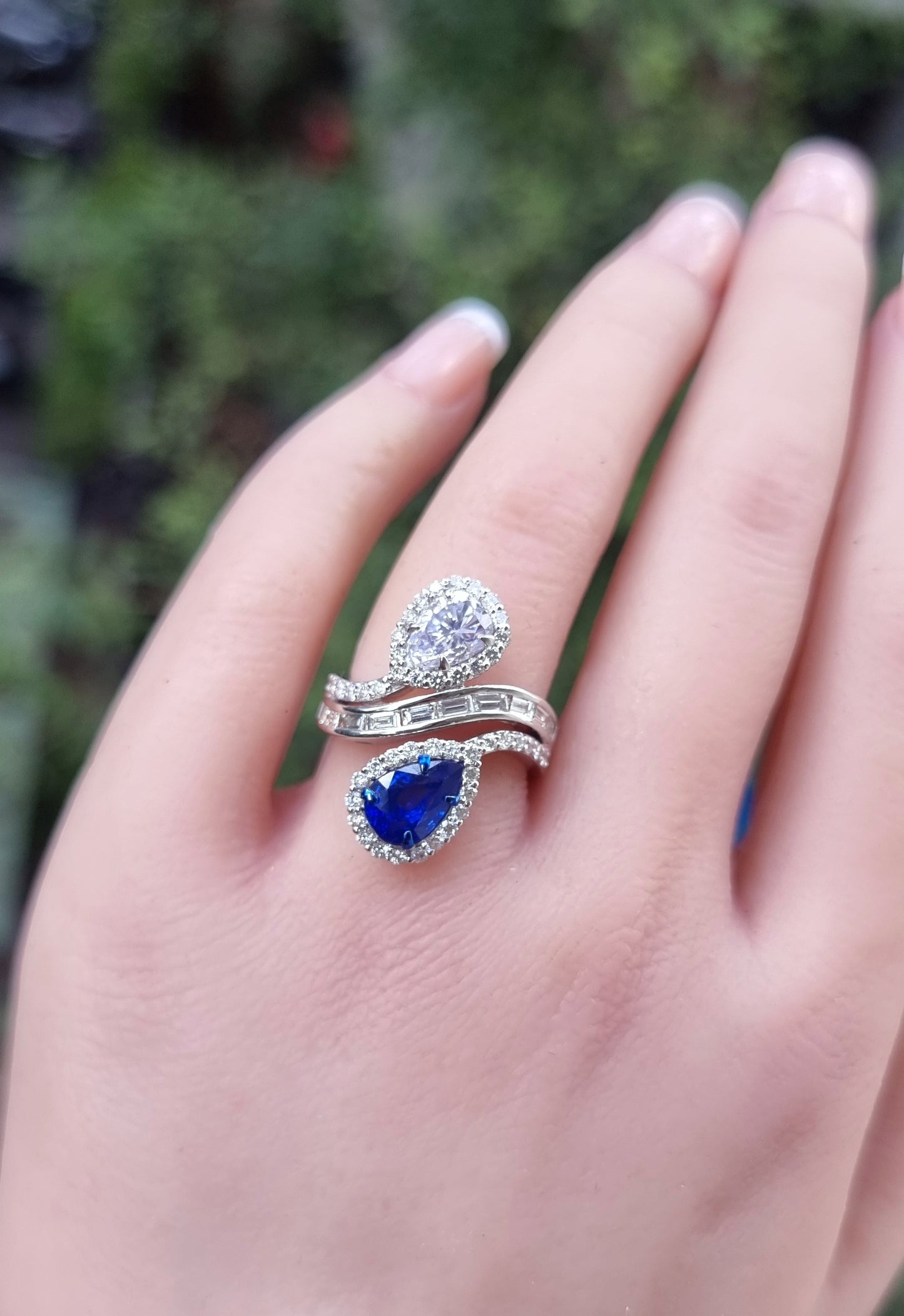 2.23 ct Pear Sapphire with White and Baguette Diamond Ring in 18K Gold