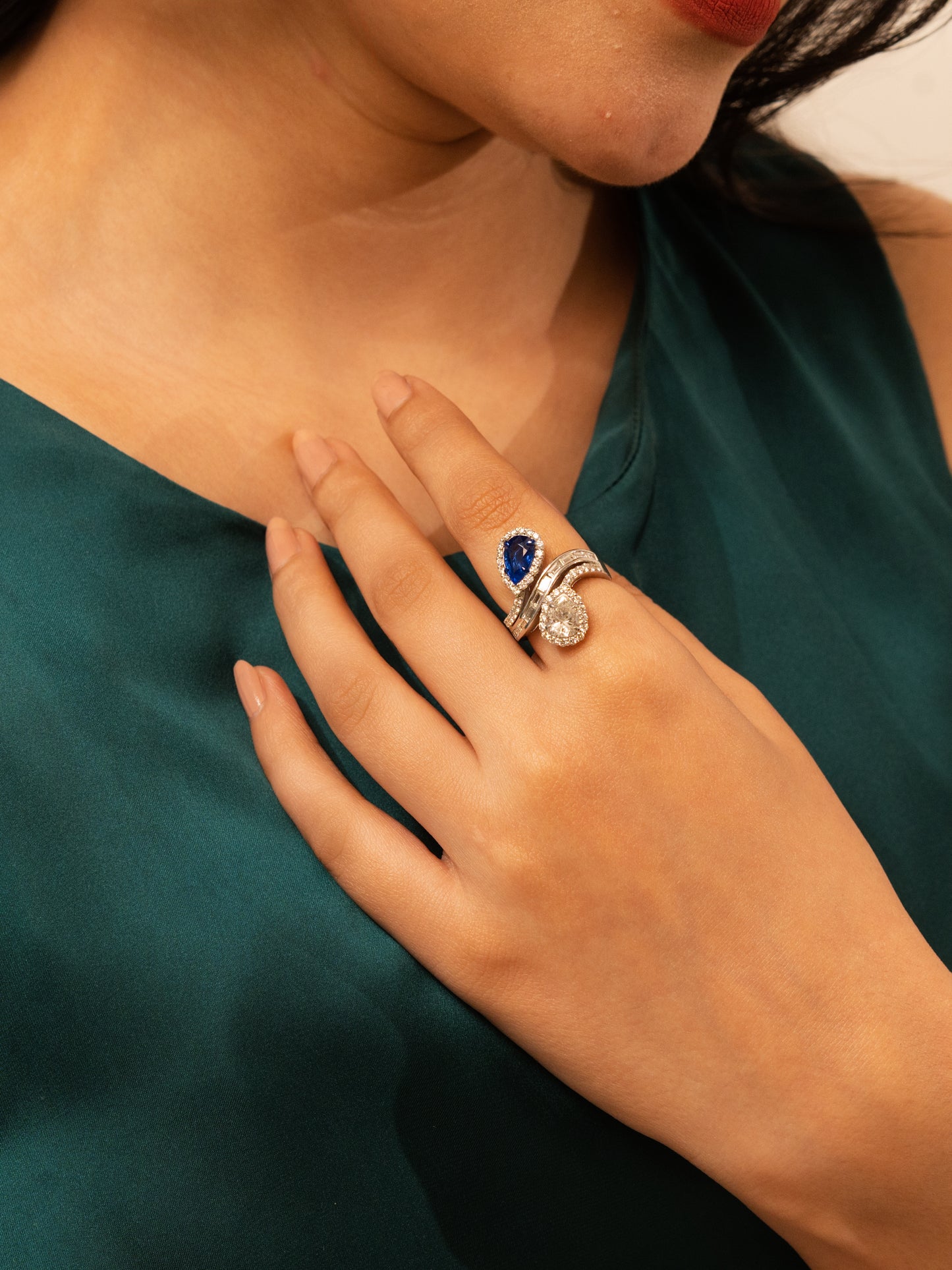 2.23 ct Pear Sapphire with White and Baguette Diamond Ring in 18K Gold