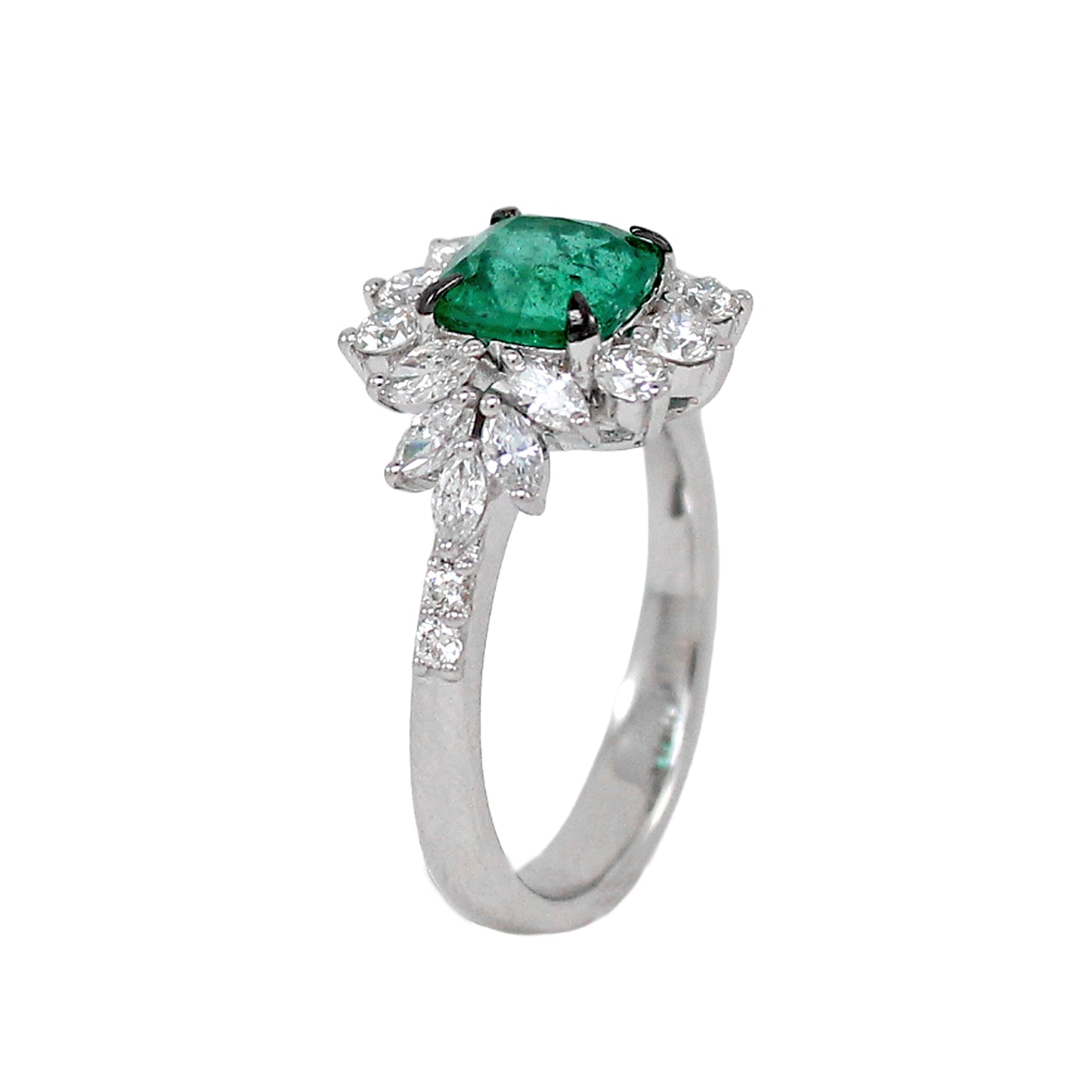 0.99 ct Cushion Emerald with White and Marquise Diamond Ring in 18K Gold