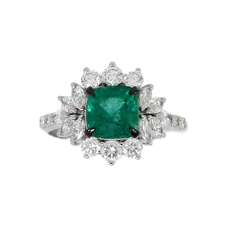 0.99 ct Cushion Emerald with White and Marquise Diamond Ring in 18K Gold