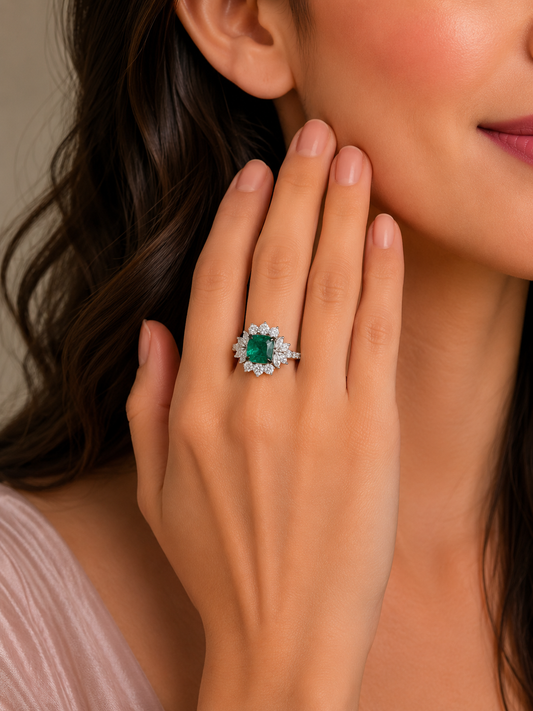0.99 ct Cushion Emerald with White and Marquise Diamond Ring in 18K Gold