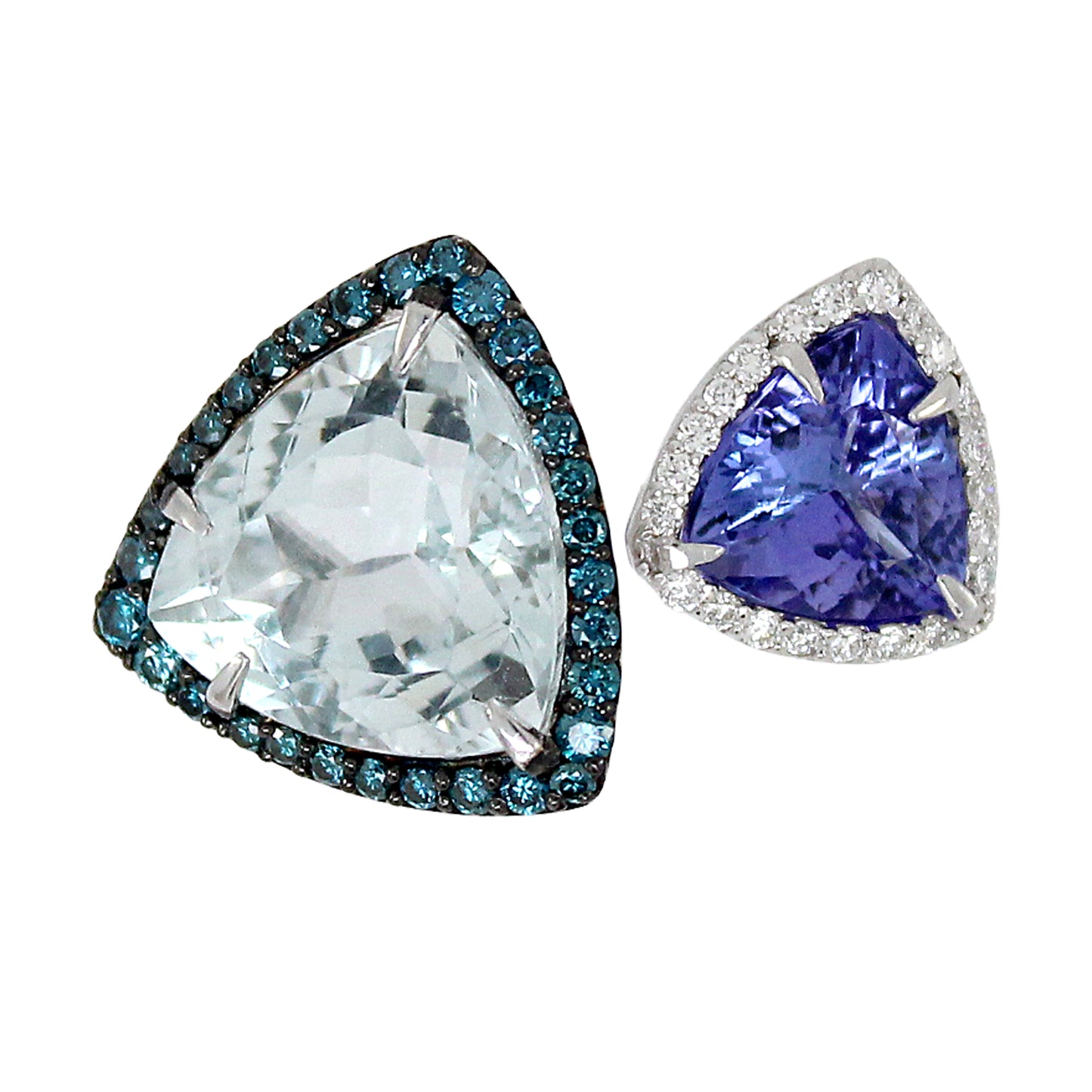 0.62 ct Trillion Aquamarine with Tanzanite and White Blue Diamond Ring in 18K Gold
