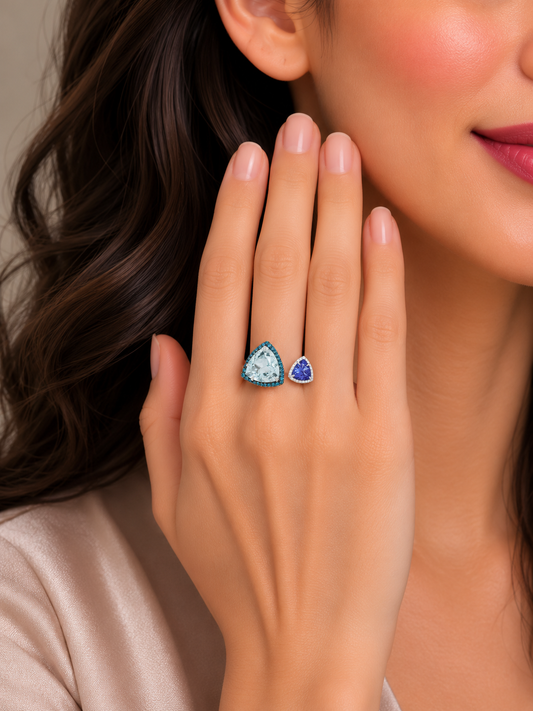 0.62 ct Trillion Aquamarine with Tanzanite and White Blue Diamond Ring in 18K Gold