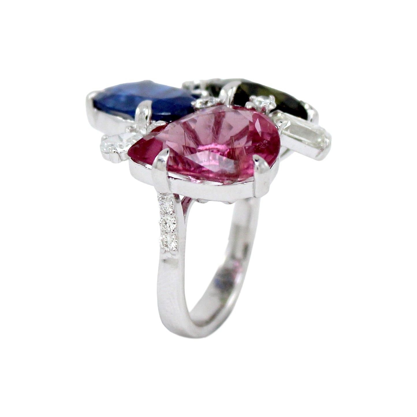 1.38 ct Oval Kinite with Tourmaline, Emerald and white yellow diamond Ring in 18K Gold