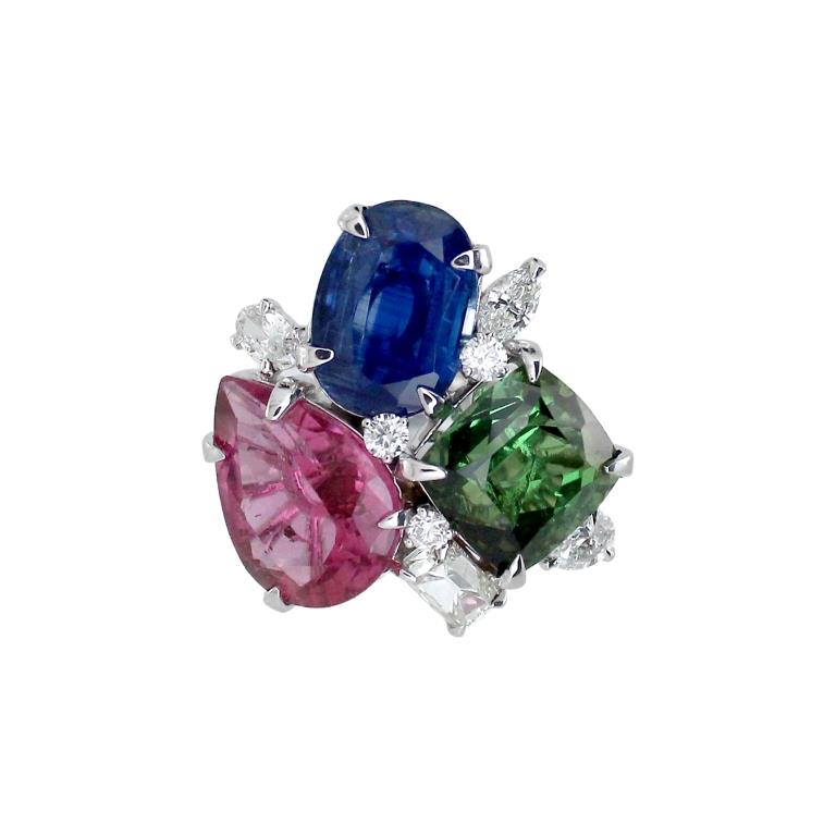 1.38 ct Oval Kinite with Tourmaline, Emerald and white yellow diamond Ring in 18K Gold