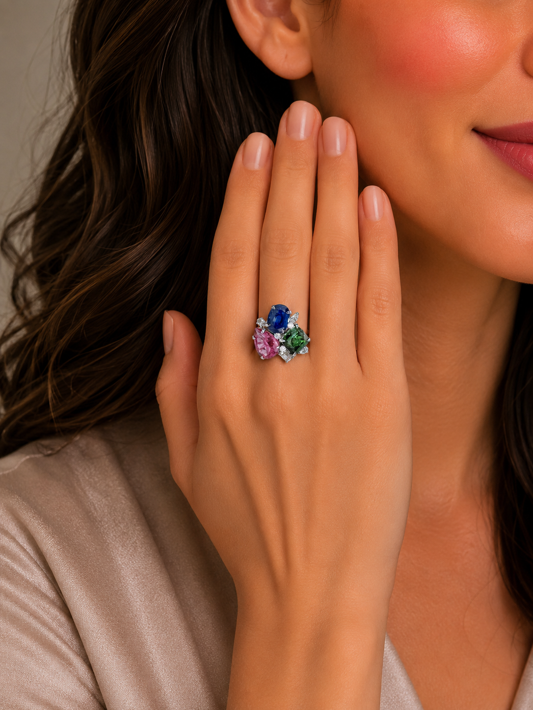 1.38 ct Oval Kinite with Tourmaline, Emerald and white yellow diamond Ring in 18K Gold