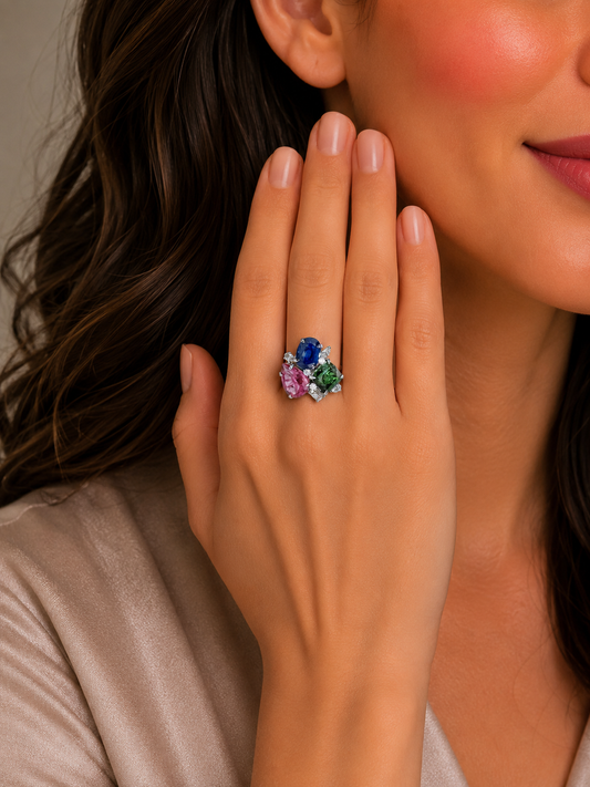 1.38 ct Oval Kinite with Tourmaline, Emerald and white yellow diamond Ring in 18K Gold