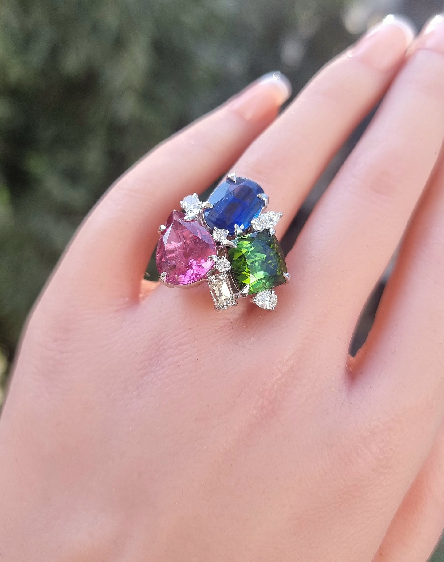 1.38 ct Oval Kinite with Tourmaline, Emerald and white yellow diamond Ring in 18K Gold
