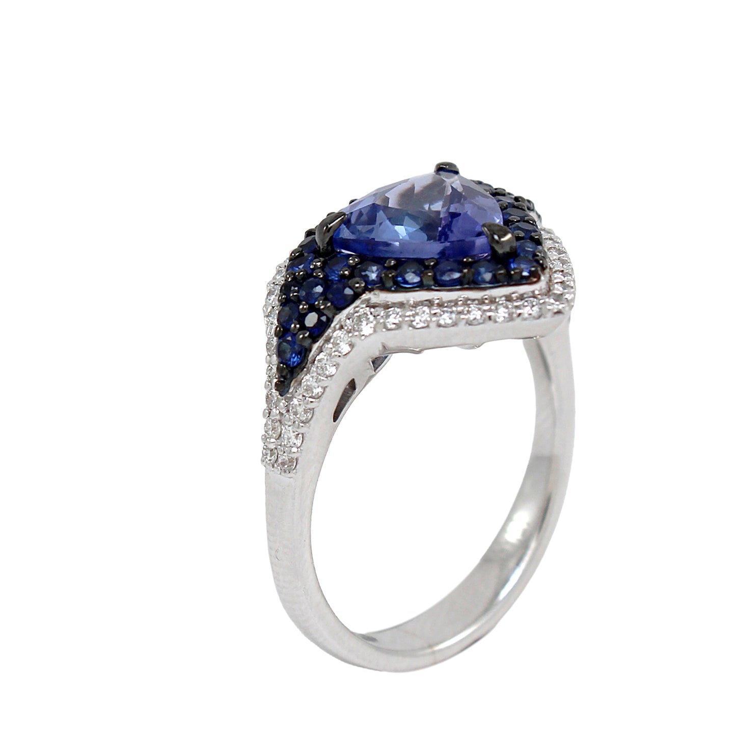 0.35 ct Trillion Tanzanite with Sapphire and White Diamond Ring in 18K Gold