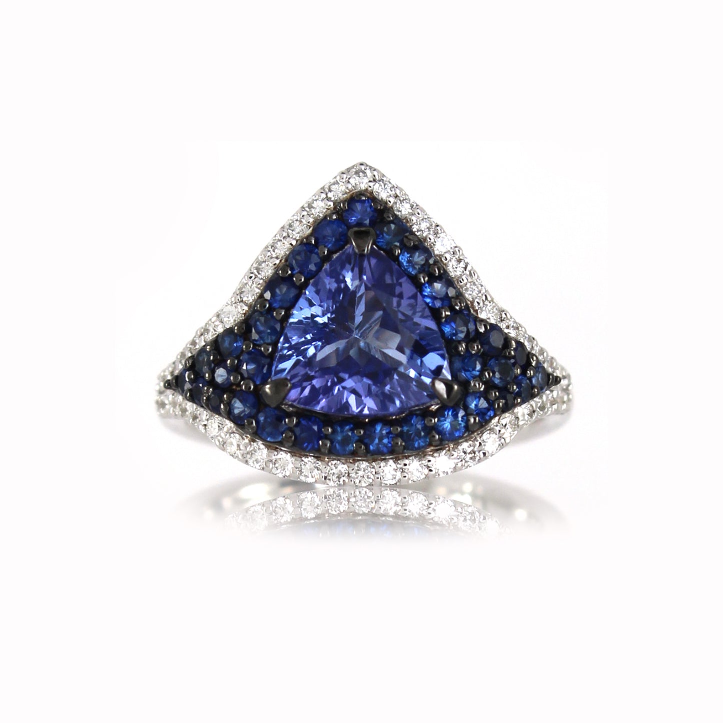 0.35 ct Trillion Tanzanite with Sapphire and White Diamond Ring in 18K Gold