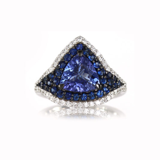 0.35 ct Trillion Tanzanite with Sapphire and White Diamond Ring in 18K Gold