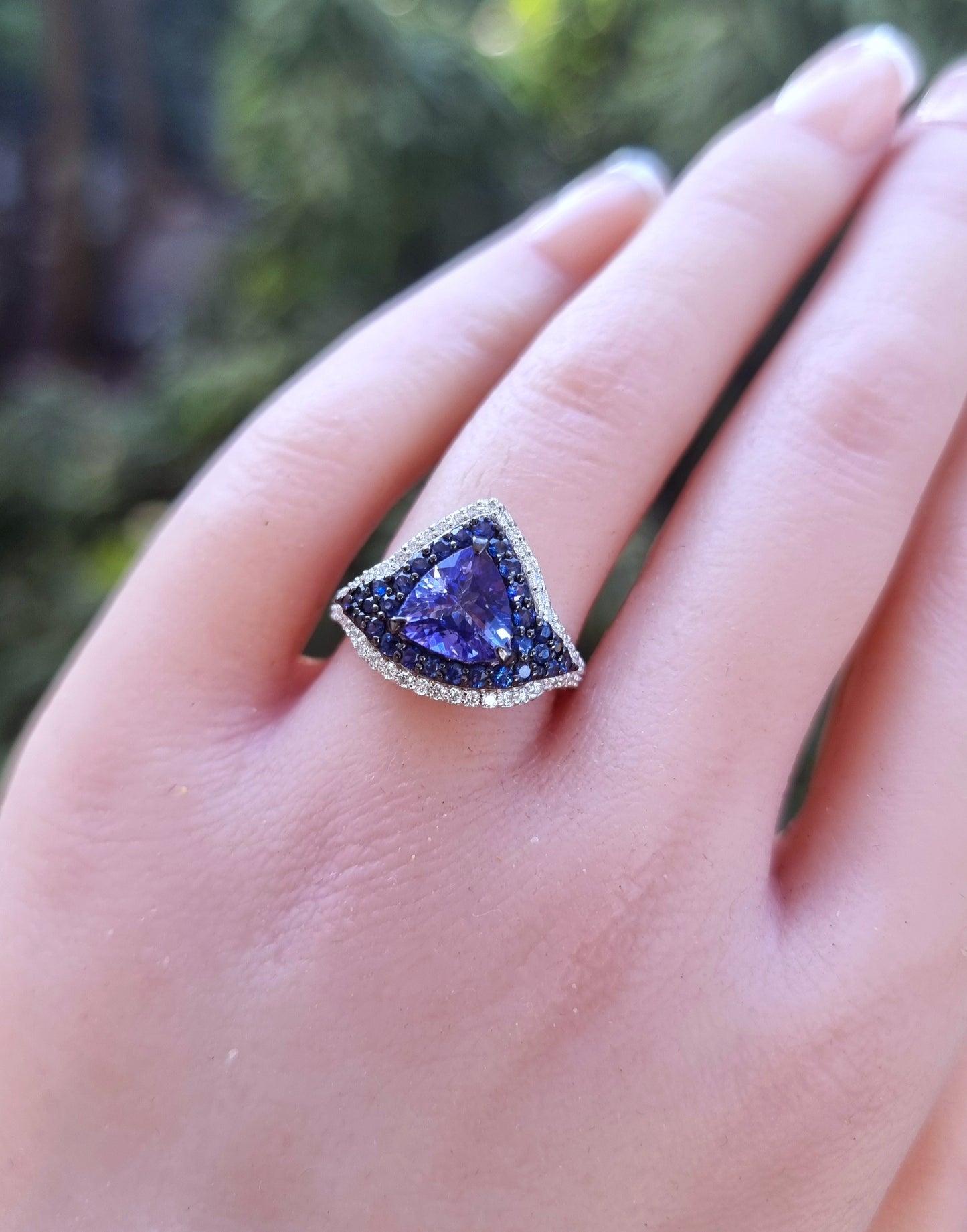 0.35 ct Trillion Tanzanite with Sapphire and White Diamond Ring in 18K Gold
