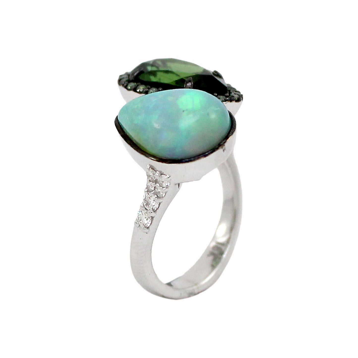 0.47 ct Pear Tourmaline with Opal and White Diamond Ring in 18K Gold