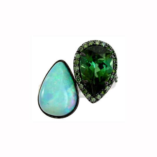 0.47 ct Pear Tourmaline with Opal and White Diamond Ring in 18K Gold