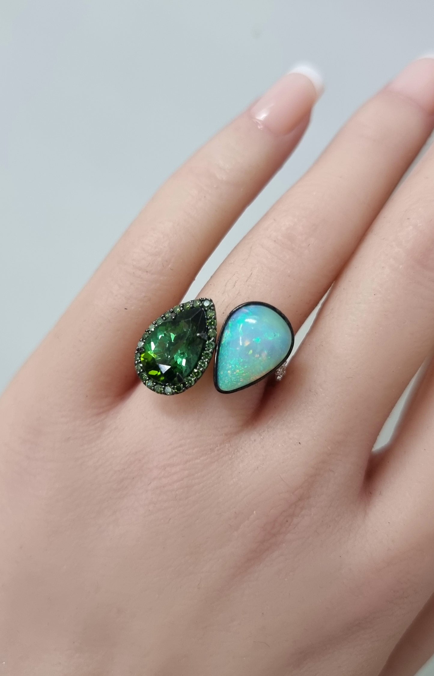 0.47 ct Pear Tourmaline with Opal and White Diamond Ring in 18K Gold