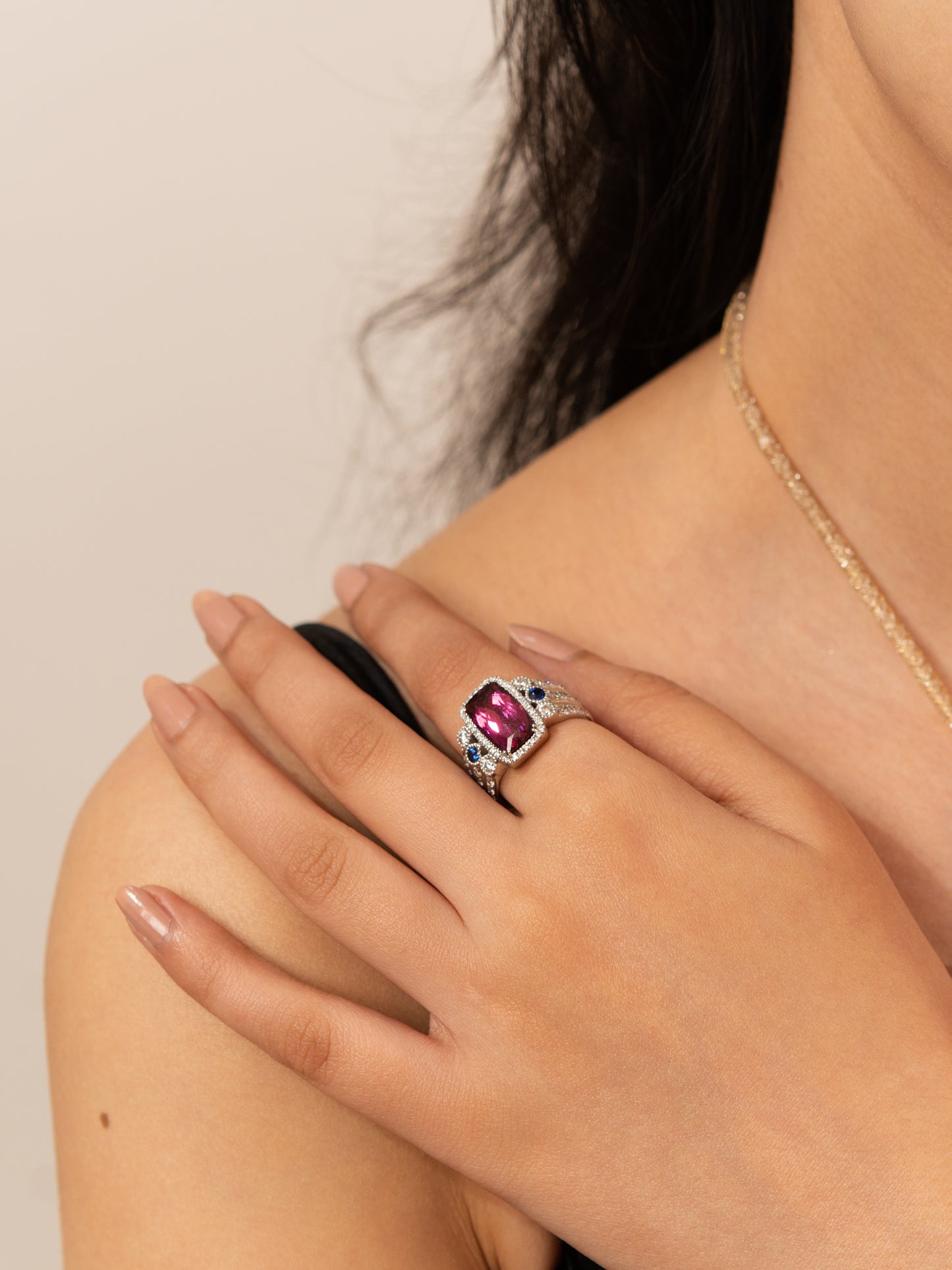 1.45 ct Cushion Tourmaline with White Diamond and Sapphire Ring in 18K Gold