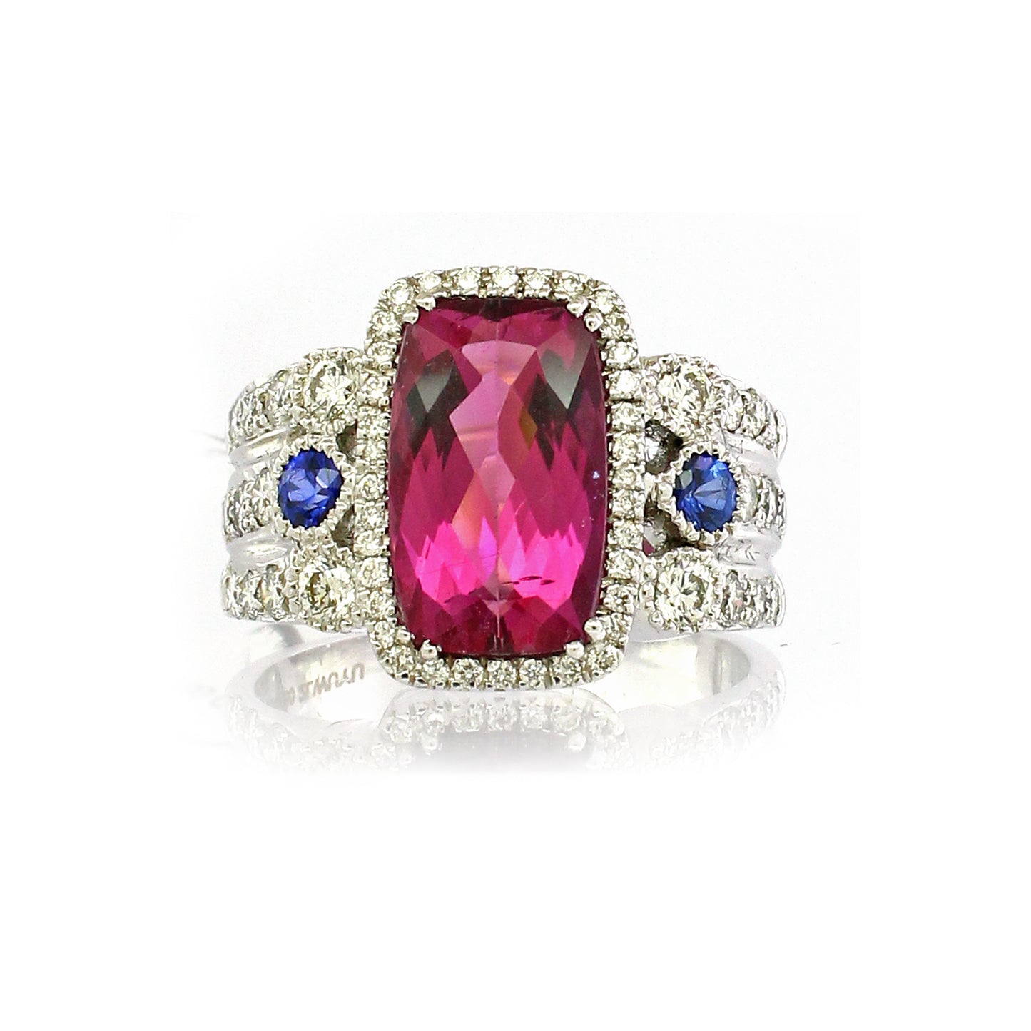 1.45 ct Cushion Tourmaline with White Diamond and Sapphire Ring in 18K Gold