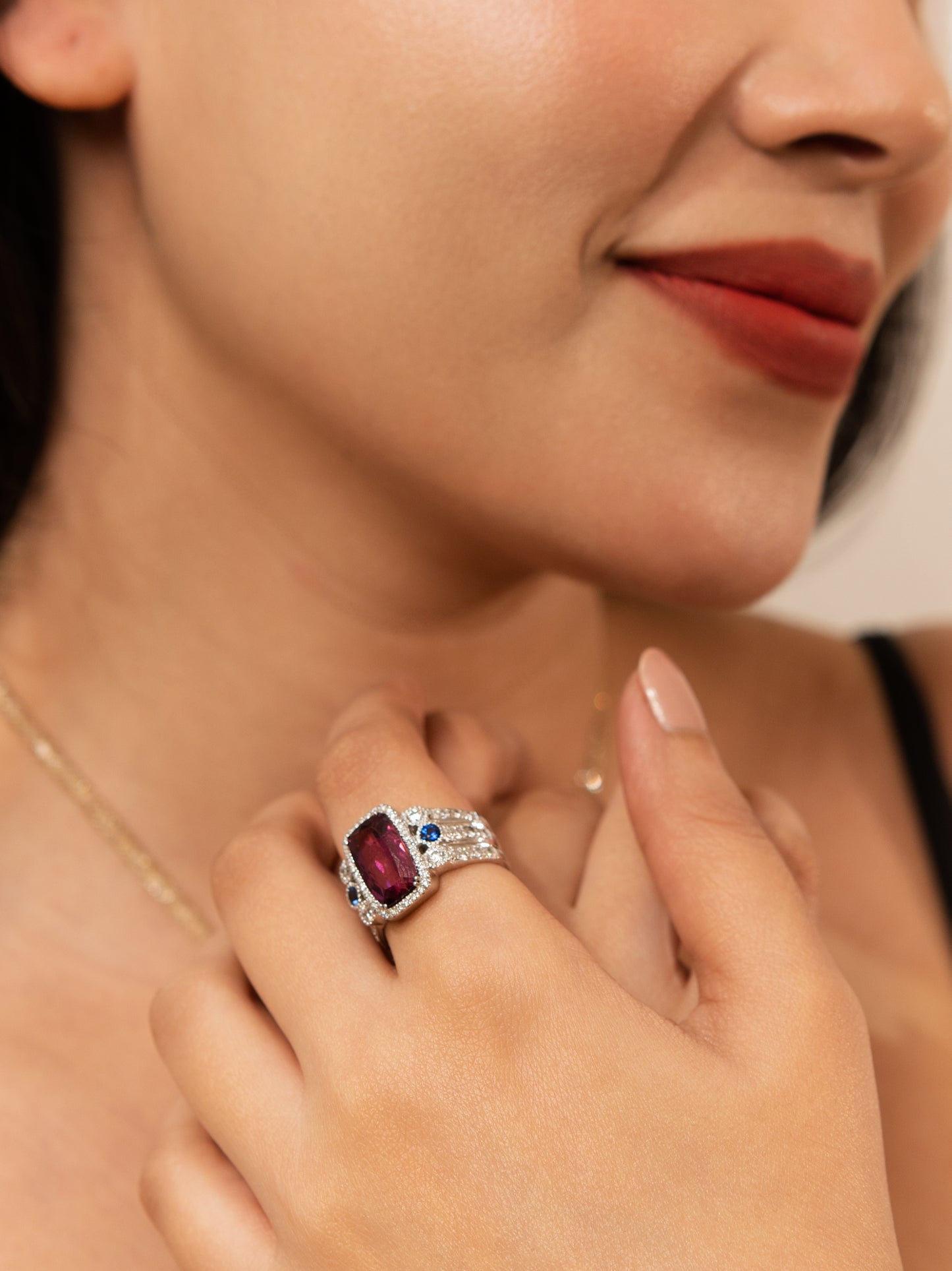 1.45 ct Cushion Tourmaline with White Diamond and Sapphire Ring in 18K Gold