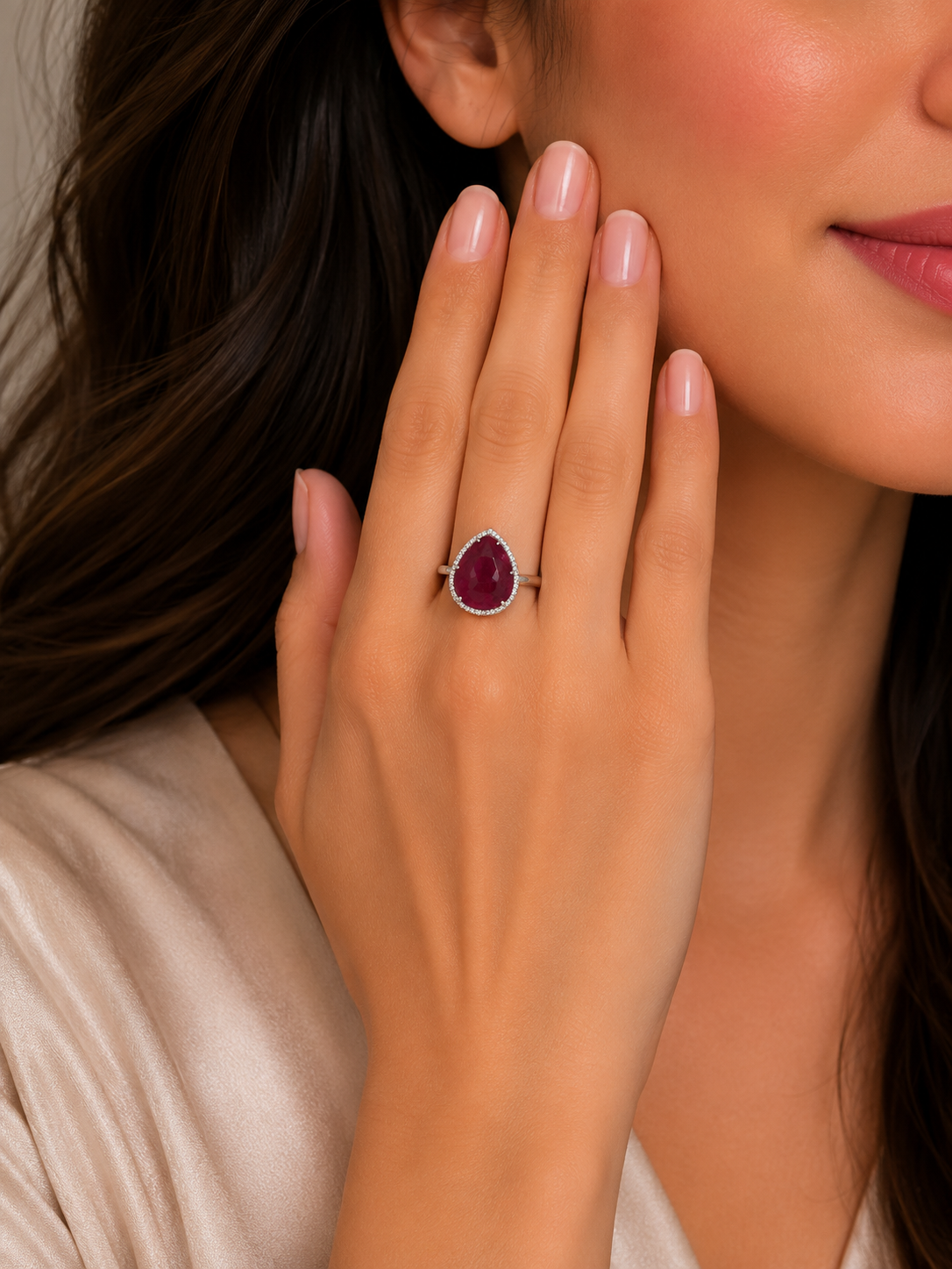 5.28 ct Pear Ruby with White and Black Diamond Ring in 18K Gold