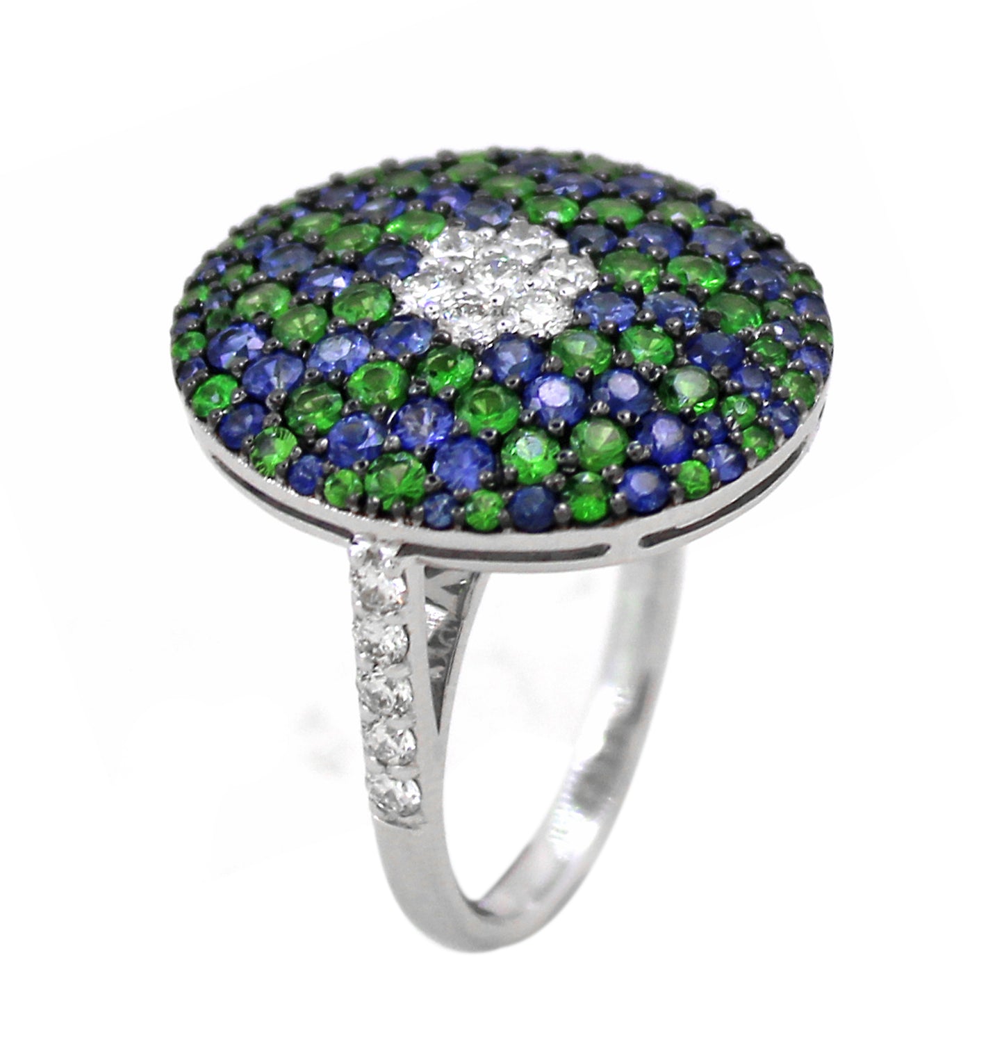 0.59 ct Round White Diamond with Tsavorite and Sapphire Ring in 18K Gold