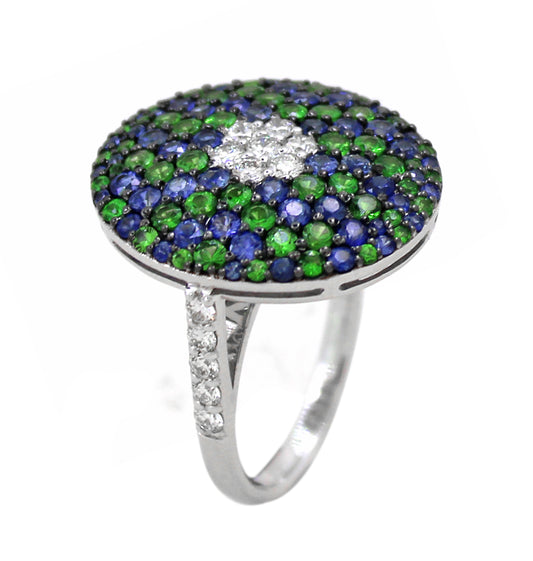 0.59 ct Round White Diamond with Tsavorite and Sapphire Ring in 18K Gold
