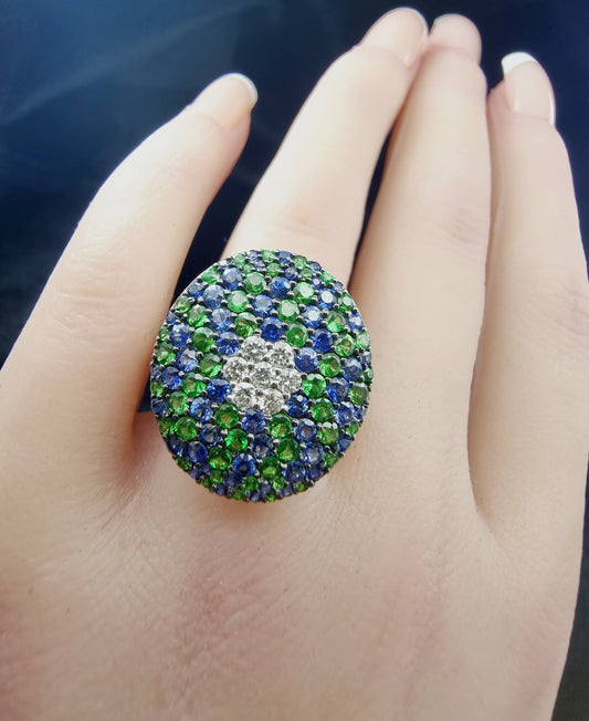 0.59 ct Round White Diamond with Tsavorite and Sapphire Ring in 18K Gold