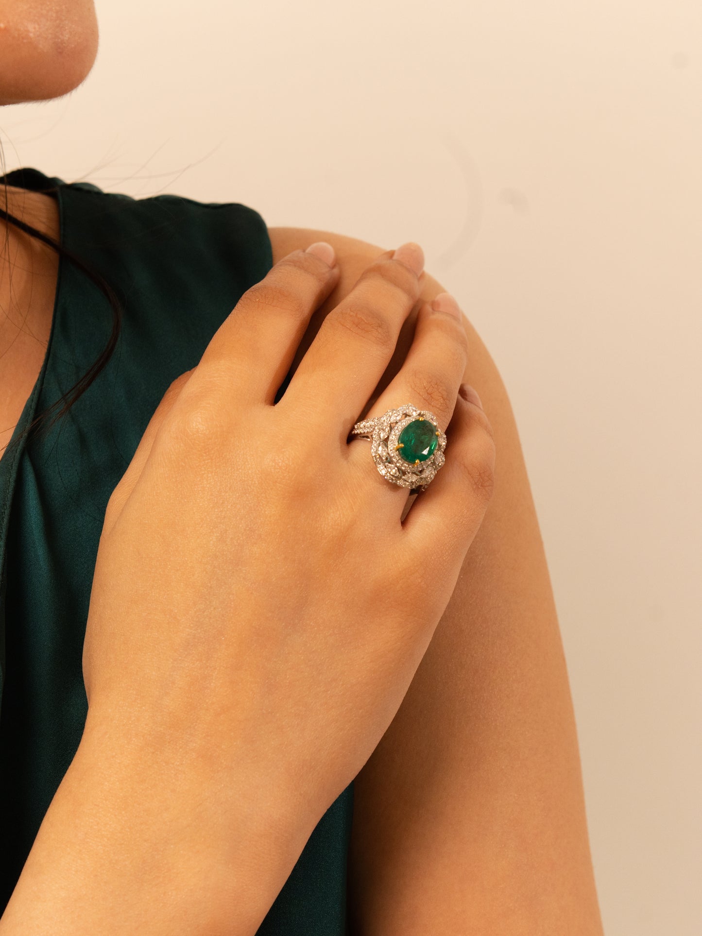 14K White Gold Emerald Ring with Fancy White Diamond Accents