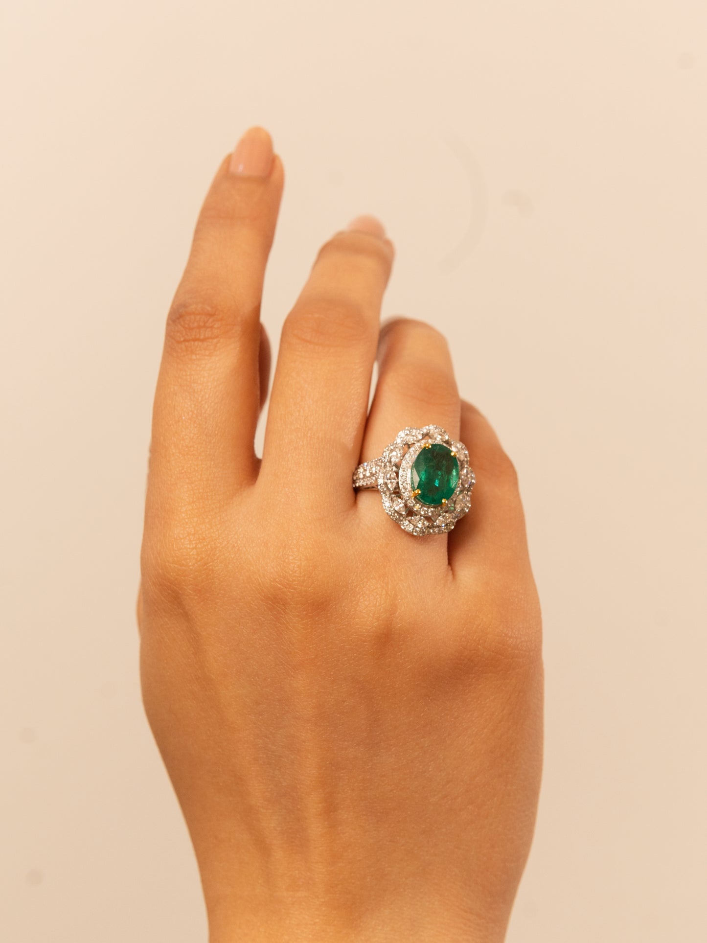 14K White Gold Emerald Ring with Fancy White Diamond Accents