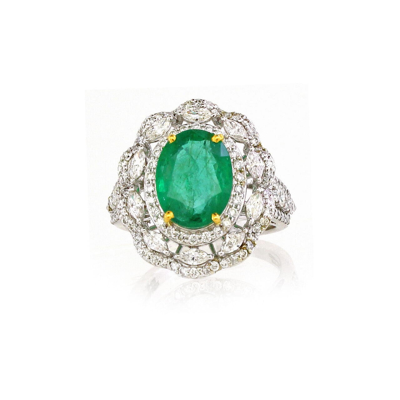14K White Gold Emerald Ring with Fancy White Diamond Accents