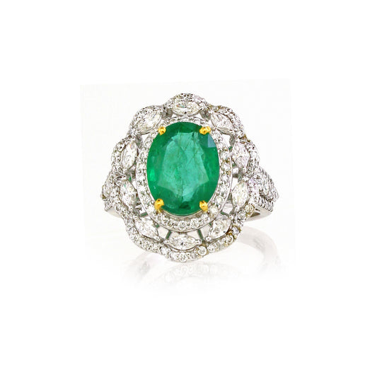 14K White Gold Emerald Ring with Fancy White Diamond Accents