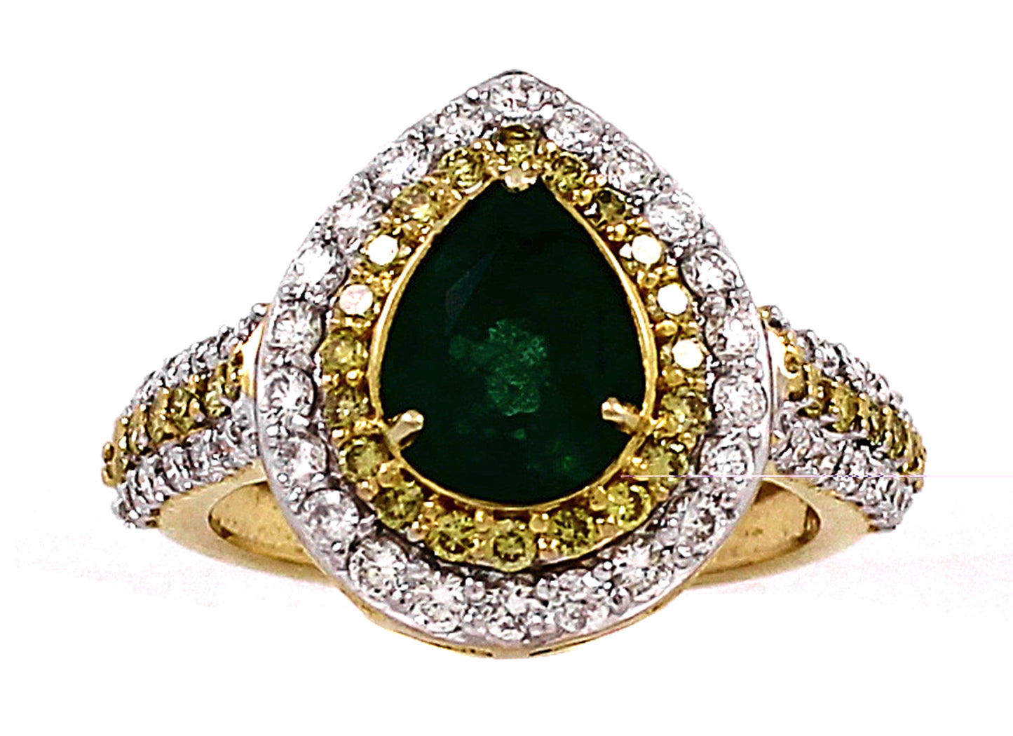 1.07 ct Pear Emerald with White and Yellow Diamond Ring in 18K Gold