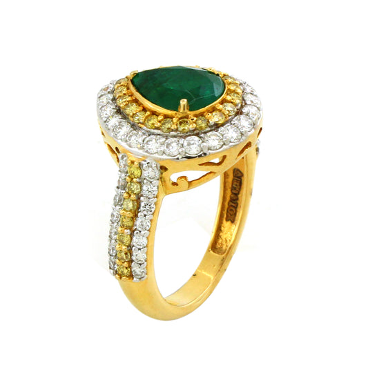 1.07 ct Pear Emerald with White and Yellow Diamond Ring in 18K Gold