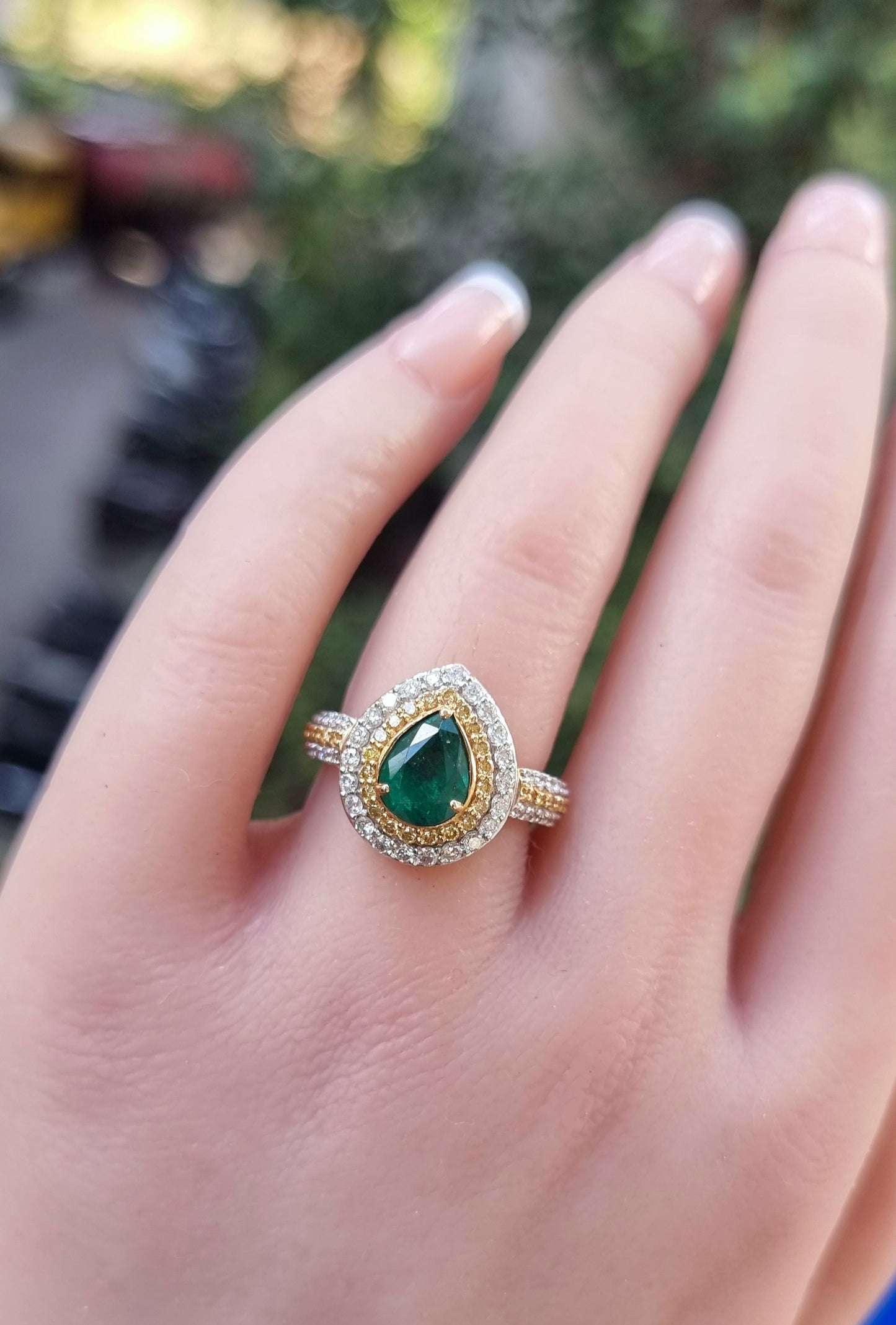 1.07 ct Pear Emerald with White and Yellow Diamond Ring in 18K Gold