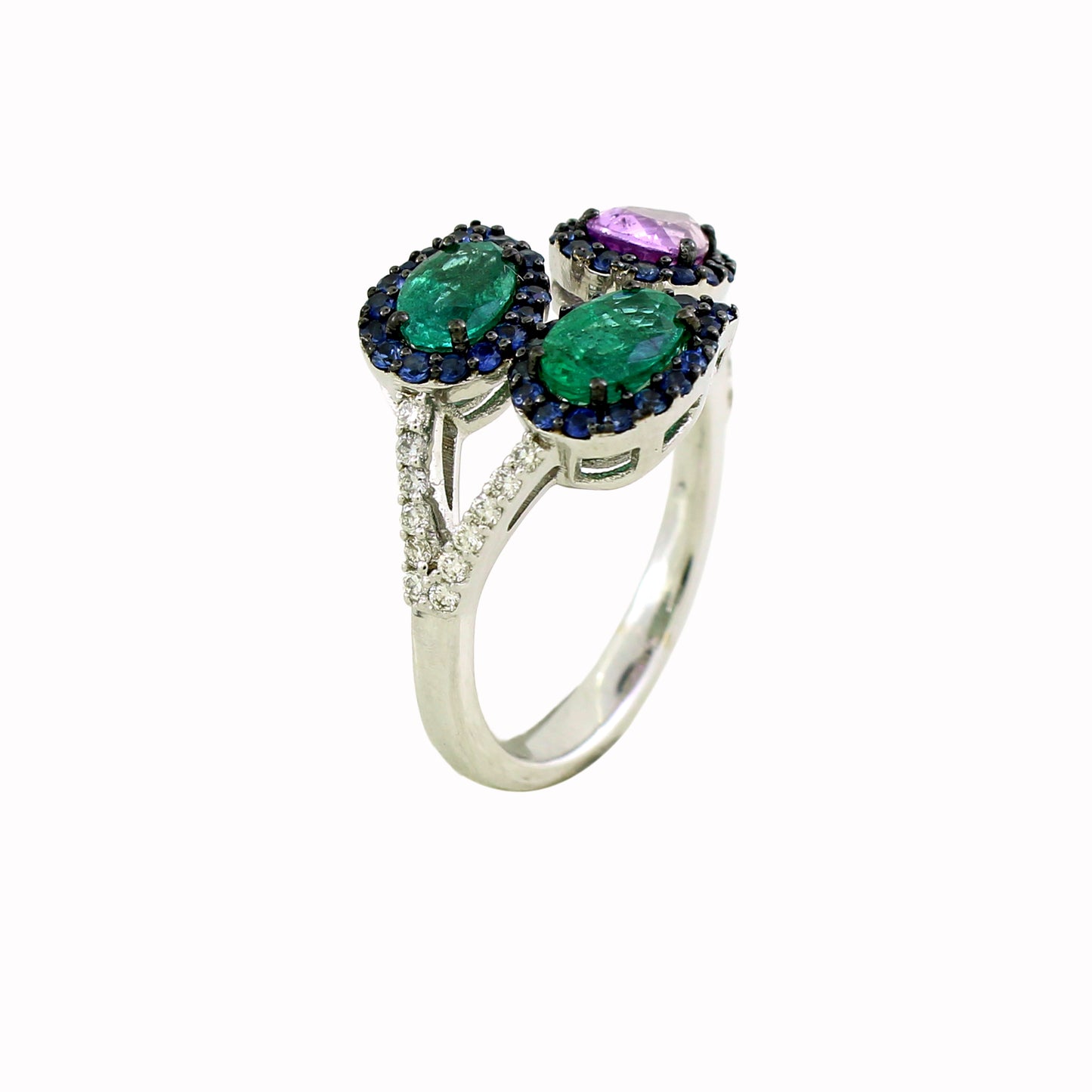 0.14 ct Oval Emerald with Sapphire and White Diamond Ring in 18K Gold