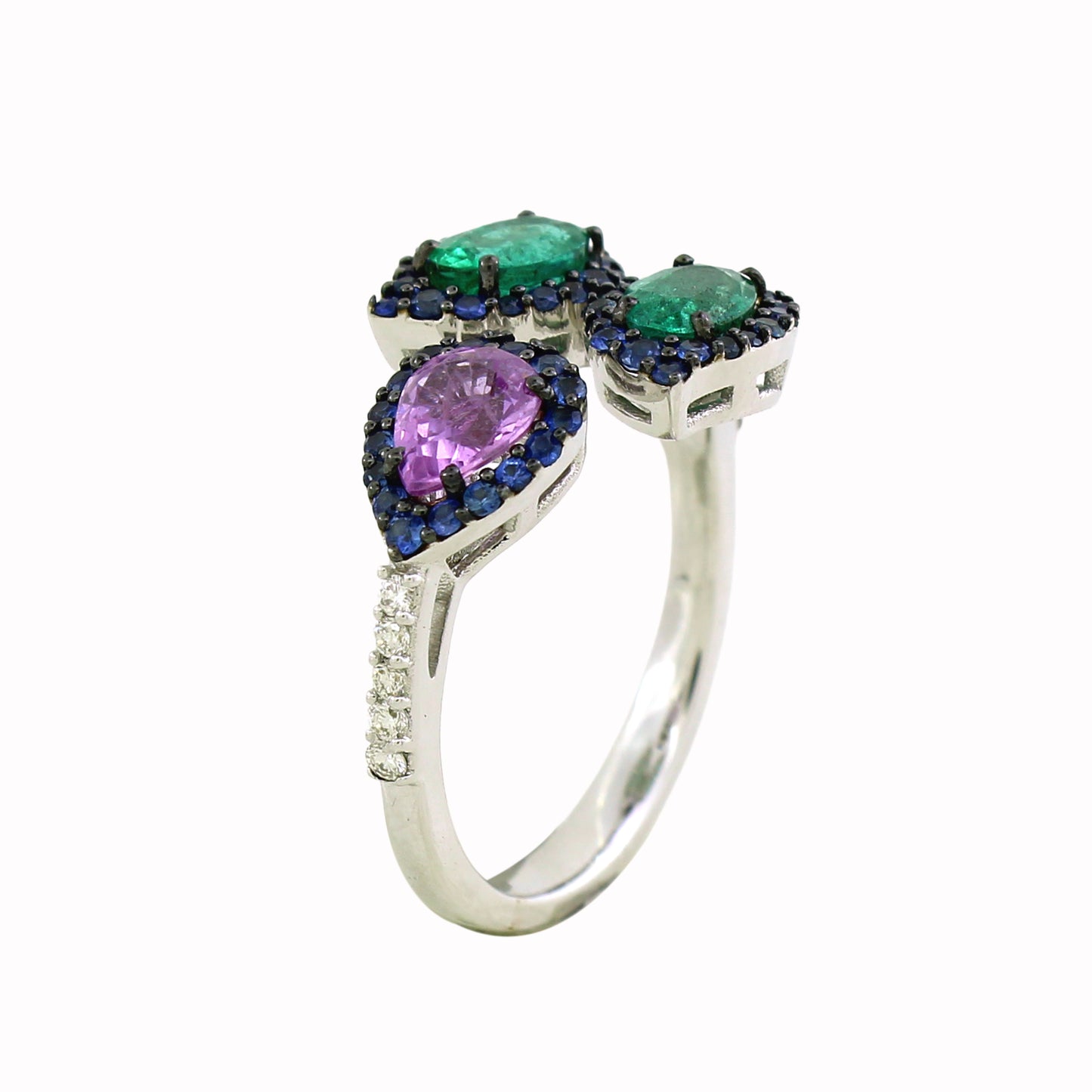 0.14 ct Oval Emerald with Sapphire and White Diamond Ring in 18K Gold