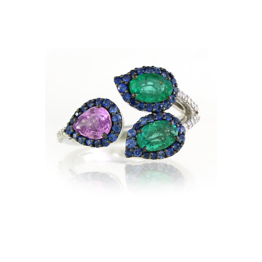 0.14 ct Oval Emerald with Sapphire and White Diamond Ring in 18K Gold