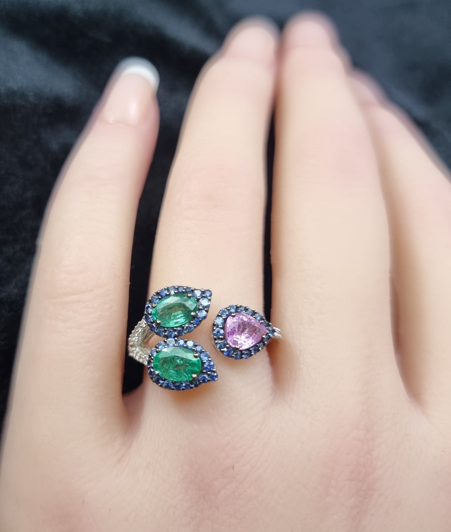 0.14 ct Oval Emerald with Sapphire and White Diamond Ring in 18K Gold