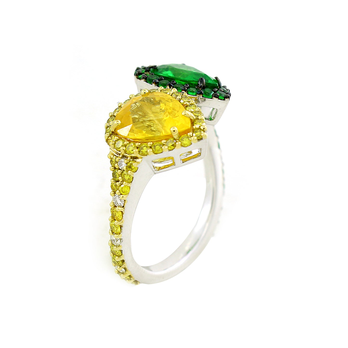 0.46 ct Pear Sapphire with Tsavorite and White Canary Diamond Ring in 18K Gold