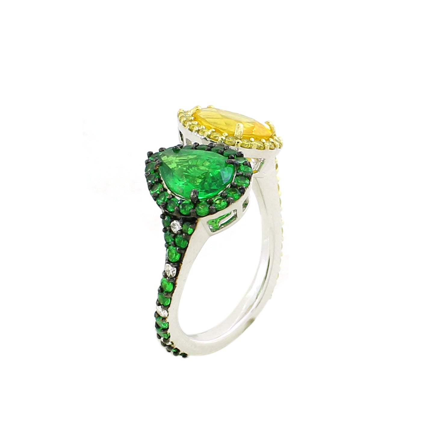 0.46 ct Pear Sapphire with Tsavorite and White Canary Diamond Ring in 18K Gold