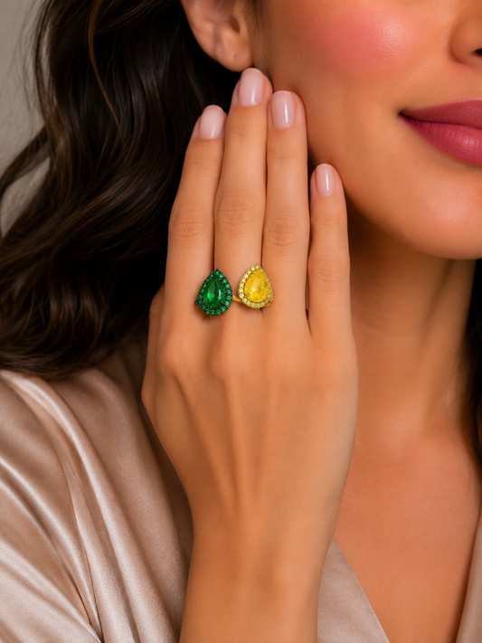 0.46 ct Pear Sapphire with Tsavorite and White Canary Diamond Ring in 18K Gold
