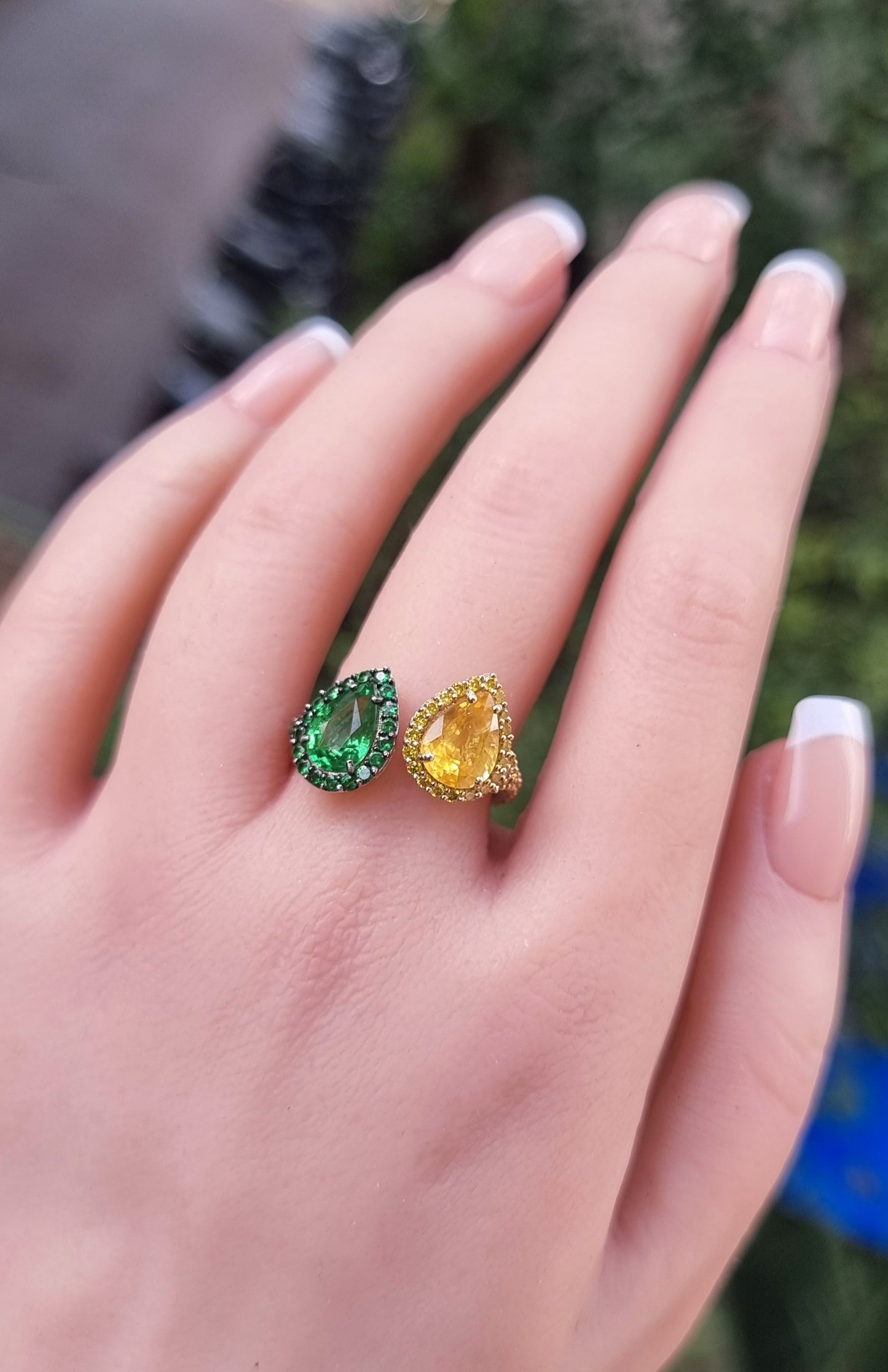 0.46 ct Pear Sapphire with Tsavorite and White Canary Diamond Ring in 18K Gold