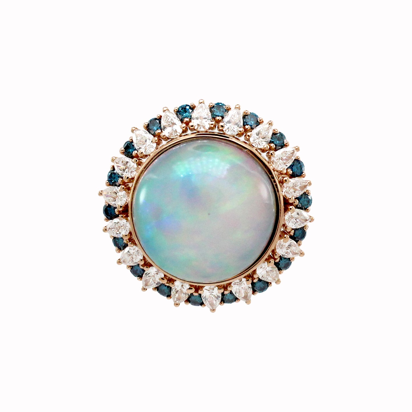 1.37 ct Round Opal with White and Blue Diamond Ring in 18K Gold